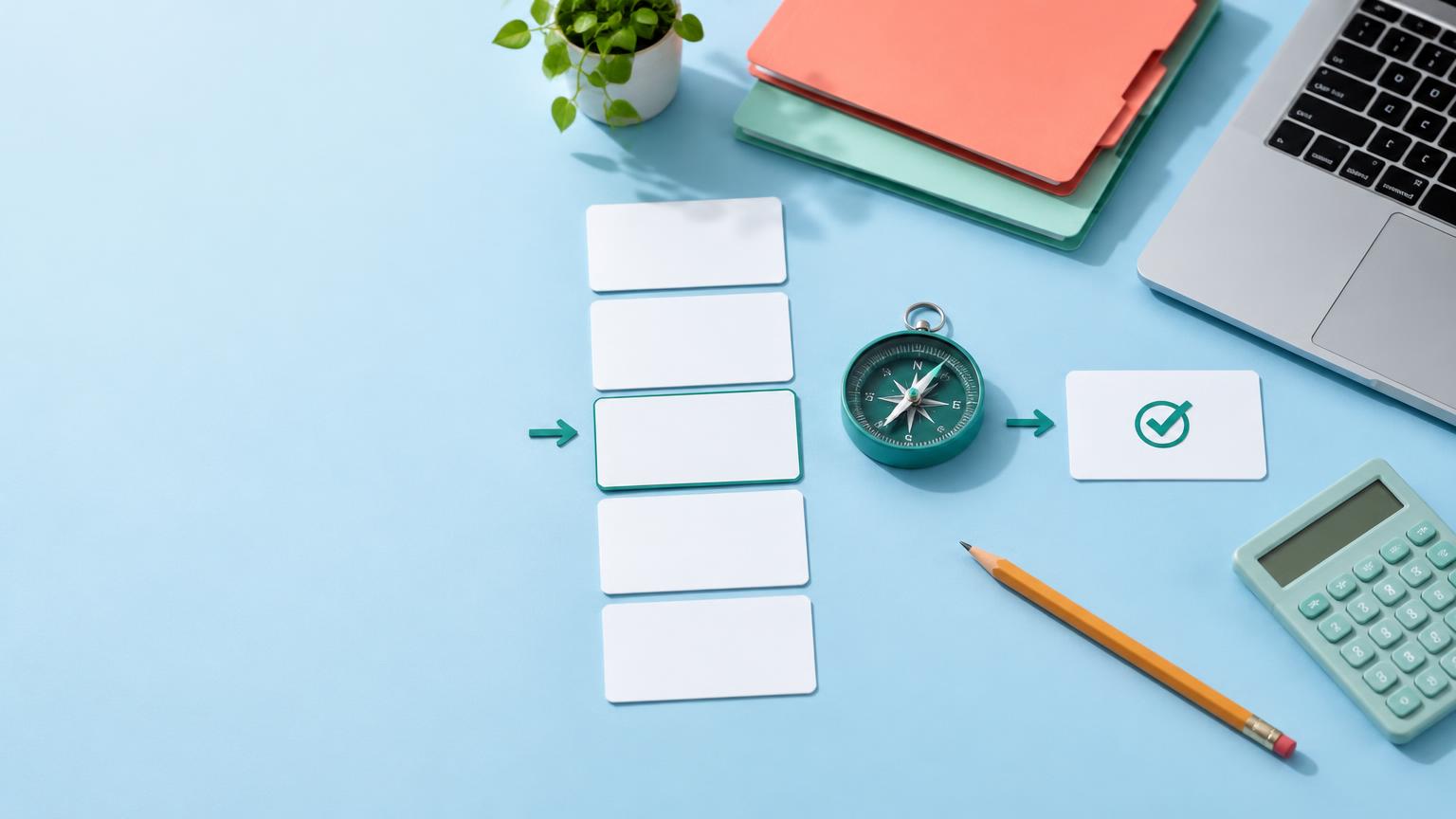 Illustratie: werkkaarten, kompas en hulpmiddelen voor stap voor stap leren